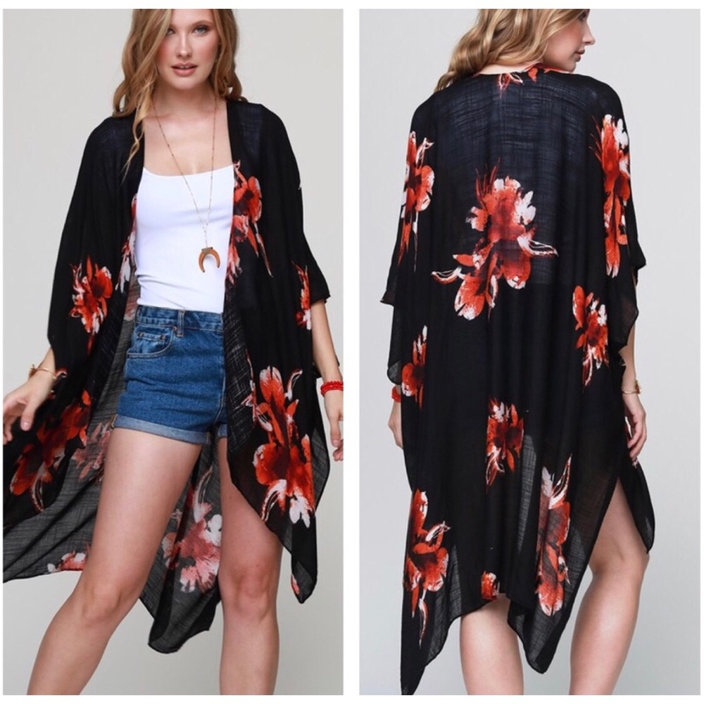 Boho Cream Floral Kimono One Size - Picture 2 of 2